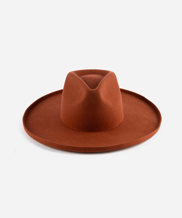 Gigi Pip felt hats for women - Amelia Wide Brim Fedora - 100% australian wool wide brim fedora with a pinched teardrop crown + pencil rolled brim [clay]