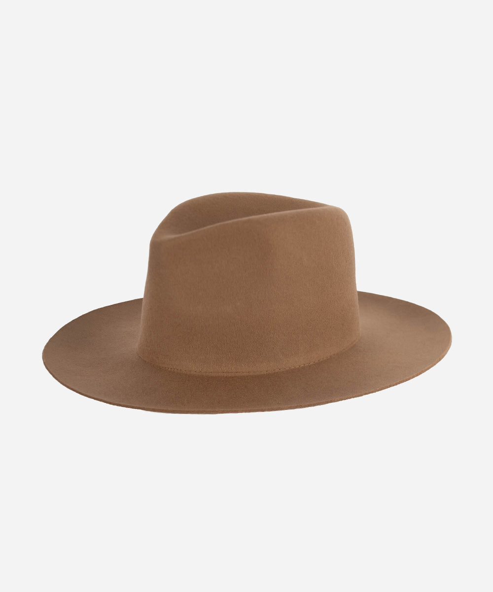 Gigi Pip felt hats for women - Ava Fedora - 100% australian wool felt fedora with a stiff upturned brim + pinched fedora crown, featuring a Gigi Pip embossed leather tab on the brim [brown]