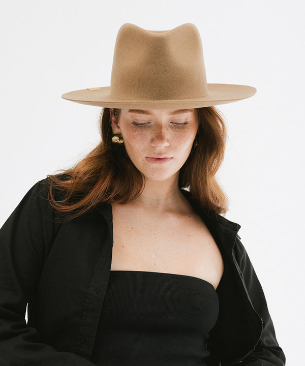 Gigi Pip felt hats for women - Ava Fedora - 100% australian wool felt fedora with a stiff upturned brim + pinched fedora crown, featuring a Gigi Pip embossed leather tab on the brim [brown]