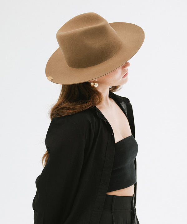 Gigi Pip felt hats for women - Ava Fedora - 100% australian wool felt fedora with a stiff upturned brim + pinched fedora crown, featuring a Gigi Pip embossed leather tab on the brim [brown]