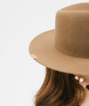 Gigi Pip felt hats for women - Ava Fedora - 100% australian wool felt fedora with a stiff upturned brim + pinched fedora crown, featuring a Gigi Pip embossed leather tab on the brim [brown]