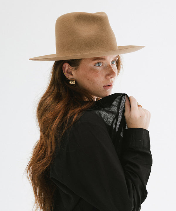 Gigi Pip felt hats for women - Ava Fedora - 100% australian wool felt fedora with a stiff upturned brim + pinched fedora crown, featuring a Gigi Pip embossed leather tab on the brim [brown]