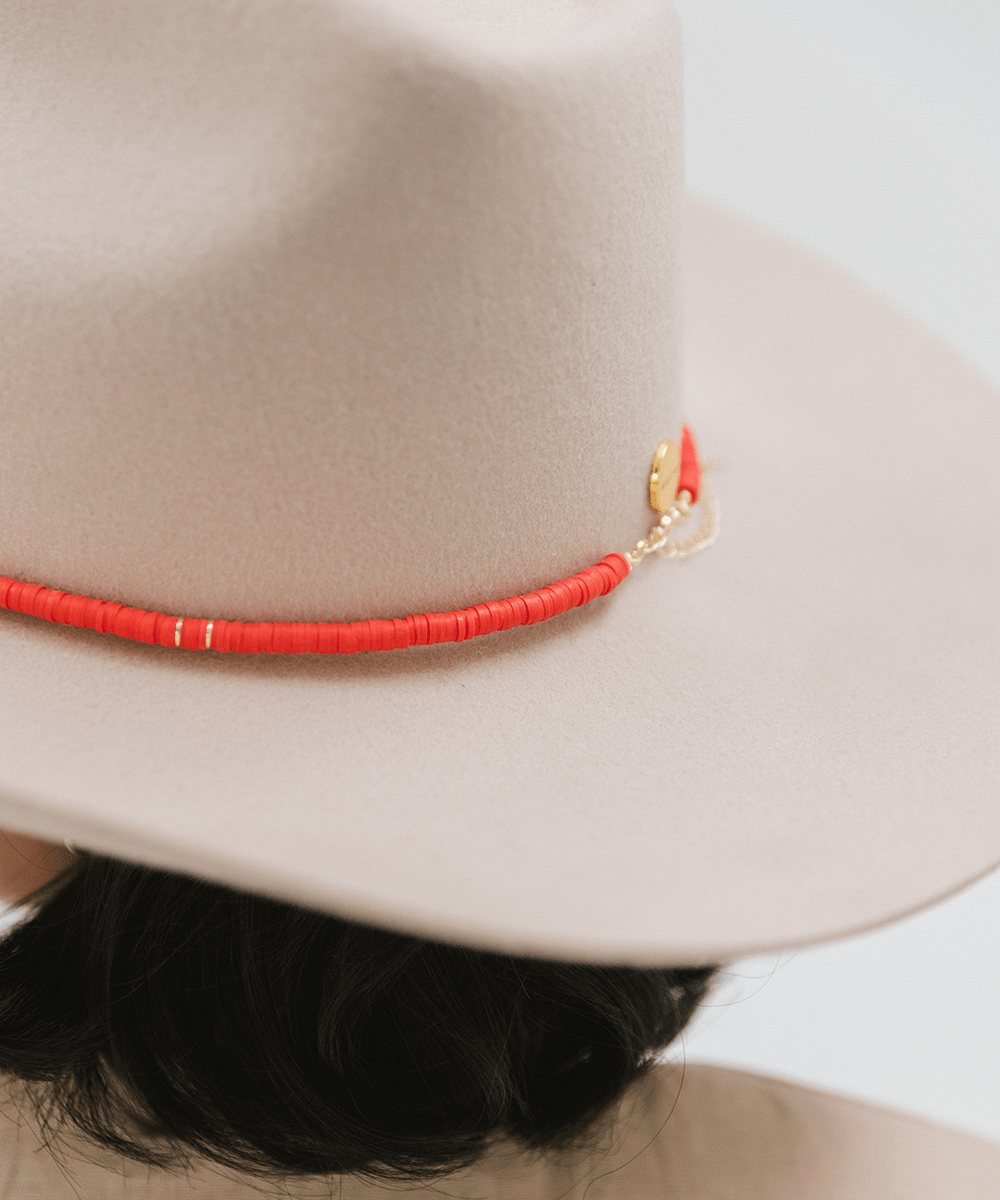 Gigi Pip hat bands + trims for womens hats - hand died clay beaded hat band featuring a gold plated metal enclosure + metal details [red]