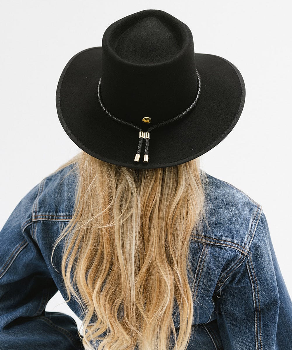 Gigi Pip hat bands + trims for women's hats - Braided Leather Bolo Band - 100% genuine braided leather featuring gold metal hardware used to tighten the leather snug around the crown of your hat [black]