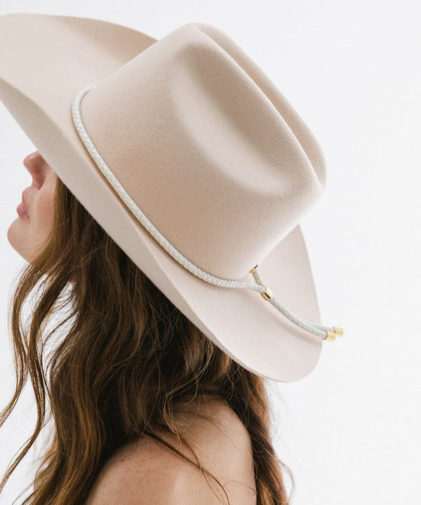 Gigi Pip hat bands + trims for women's hats - Braided Leather Bolo Band - 100% genuine braided leather featuring gold metal hardware used to tighten the leather snug around the crown of your hat [ivory]