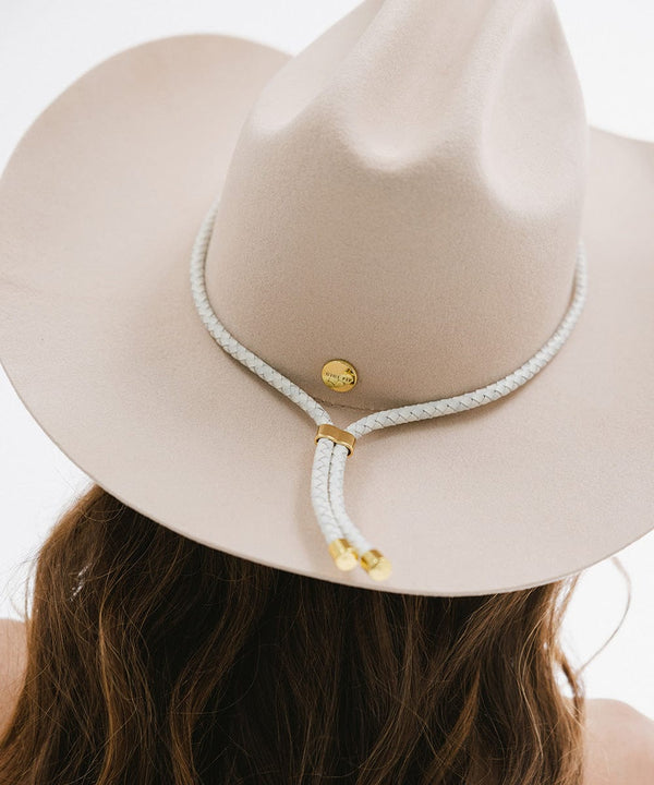 Gigi Pip hat bands + trims for women's hats - Braided Leather Bolo Band - 100% genuine braided leather featuring gold metal hardware used to tighten the leather snug around the crown of your hat [ivory]