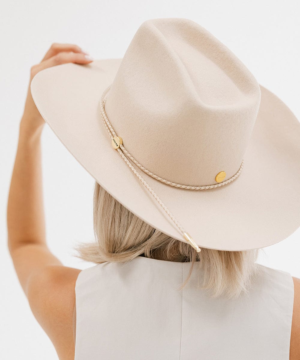 Gigi Pip hat bands + trims for women's hats - Thin Braided Wrap Band - thin braided leather adjustable hat band featuring a plated gold Gigi Pip circle logo and detailing [cream]