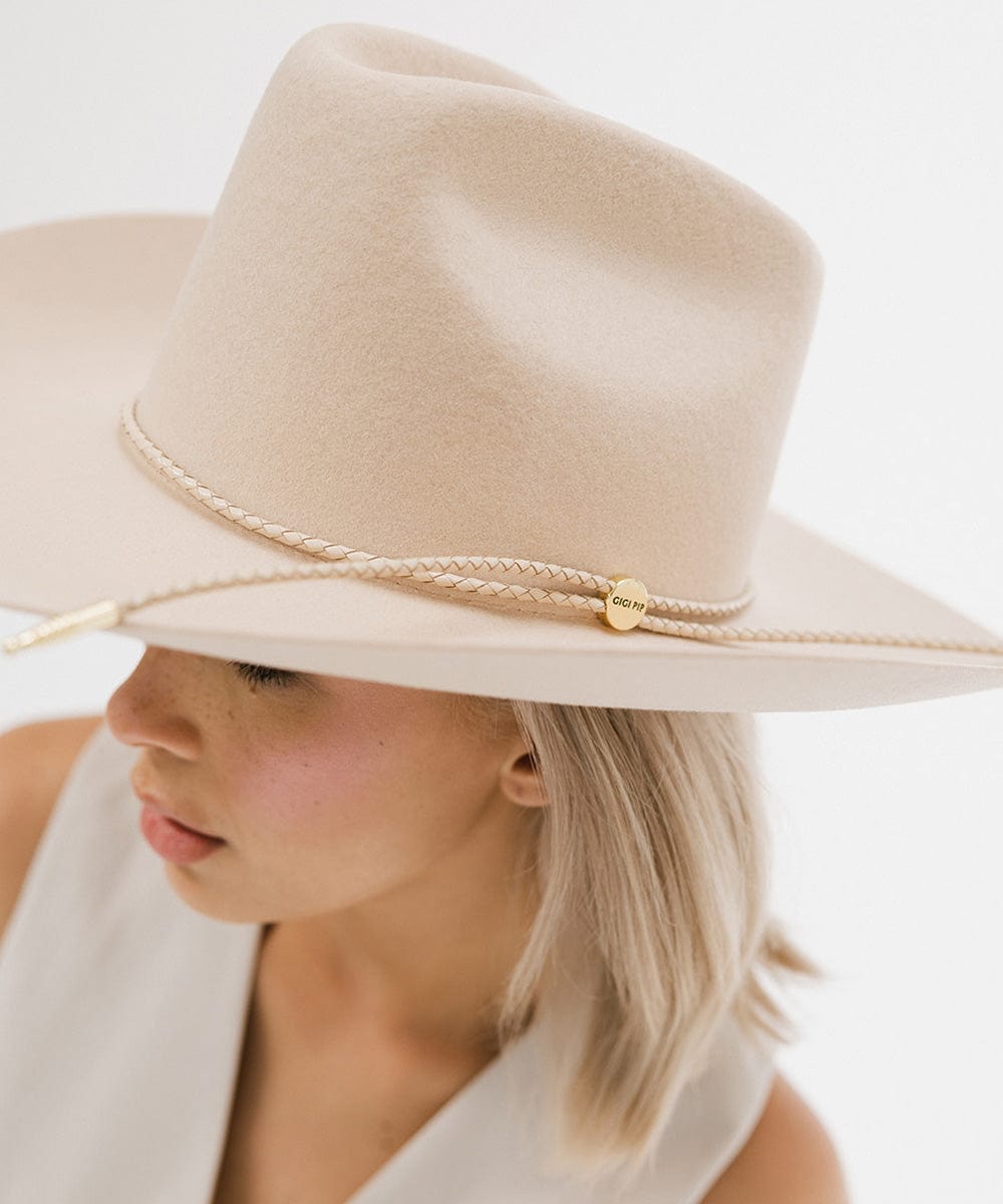 Gigi Pip hat bands + trims for women's hats - Thin Braided Wrap Band - thin braided leather adjustable hat band featuring a plated gold Gigi Pip circle logo and detailing [cream]