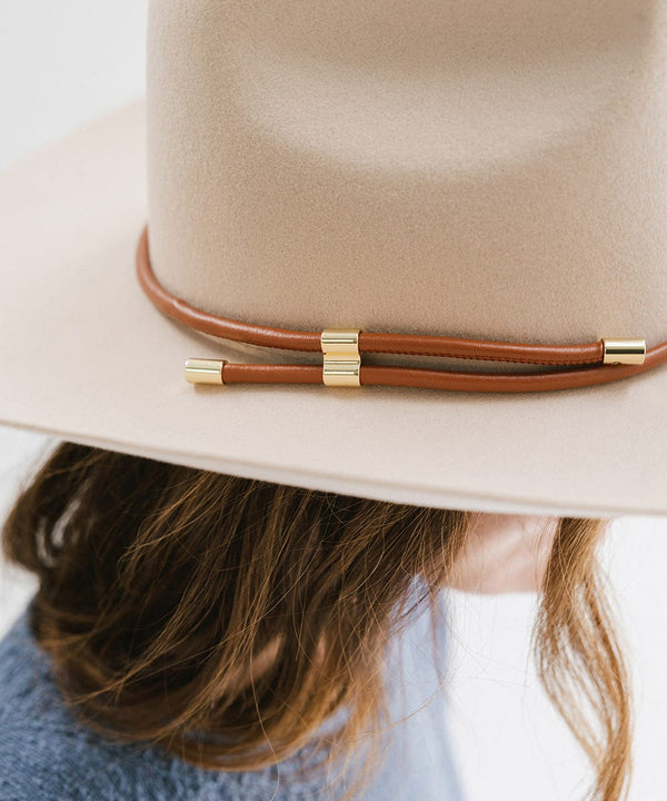 Gigi Pip hat bands + trims for women's hats - Cara Loren Vegan Wrap Band - leather vegan adjustable wrap band featuring gold plated metal hardware [cognac]