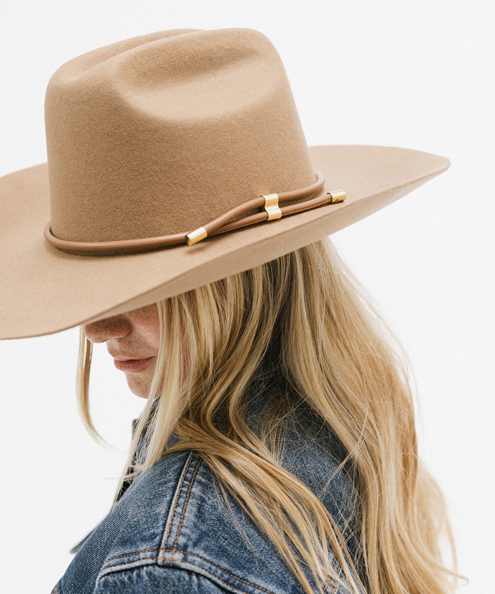 Gigi Pip hat bands + trims for women's hats - Cara Loren Vegan Wrap Band - leather vegan adjustable wrap band featuring gold plated metal hardware [brown]