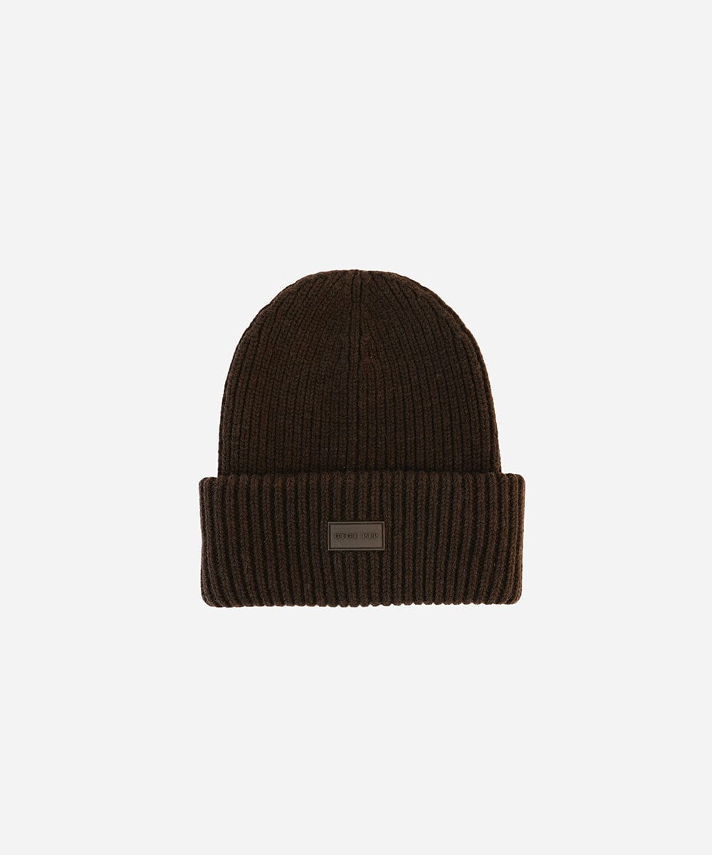 Gigi Pip beanies for women - Gigi Merino Wool Beanie - 100% merino wool double fold beanie featuring a Gigi Pip branded silicone patch on the front fold [dark brown]