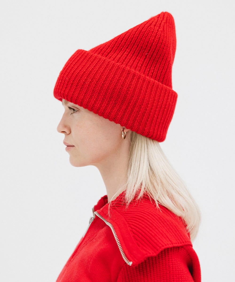 Gigi Pip beanies for women - Gigi Merino Wool Beanie - 100% merino wool double fold beanie featuring a Gigi Pip branded silicone patch on the front fold [ruby red]