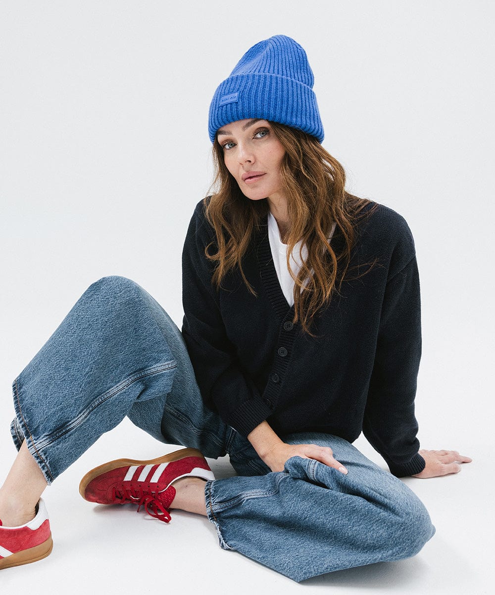 Gigi Pip beanies for women - Gigi Merino Wool Beanie - 100% merino wool double fold beanie featuring a Gigi Pip branded silicone patch on the front fold [alpine blue]