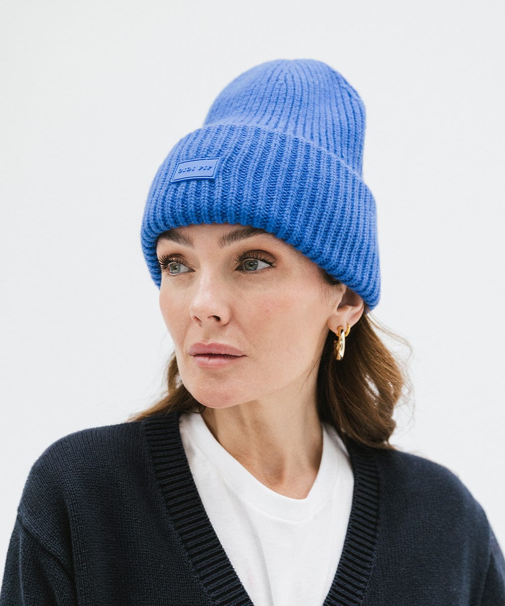 Gigi Pip beanies for women - Gigi Merino Wool Beanie - 100% merino wool double fold beanie featuring a Gigi Pip branded silicone patch on the front fold [alpine blue]