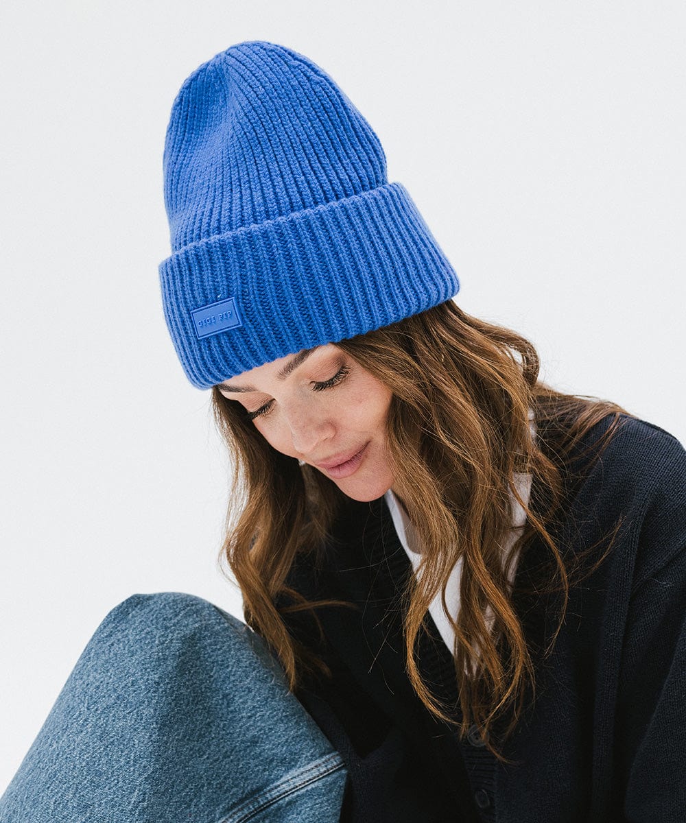 Gigi Pip beanies for women - Gigi Merino Wool Beanie - 100% merino wool double fold beanie featuring a Gigi Pip branded silicone patch on the front fold [alpine blue]