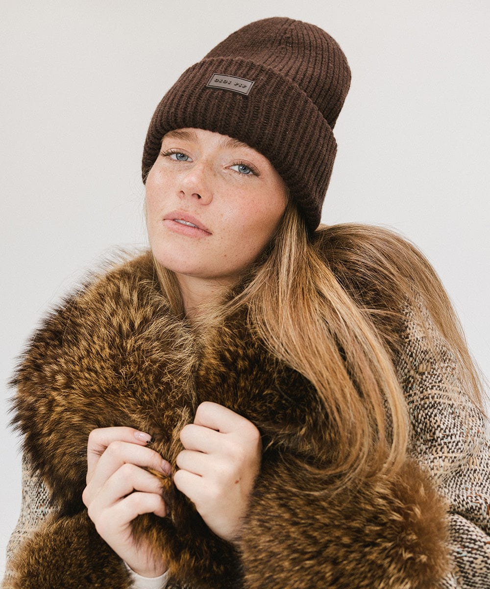 Gigi Pip beanies for women - Gigi Merino Wool Beanie - 100% merino wool double fold beanie featuring a Gigi Pip branded silicone patch on the front fold [dark brown]