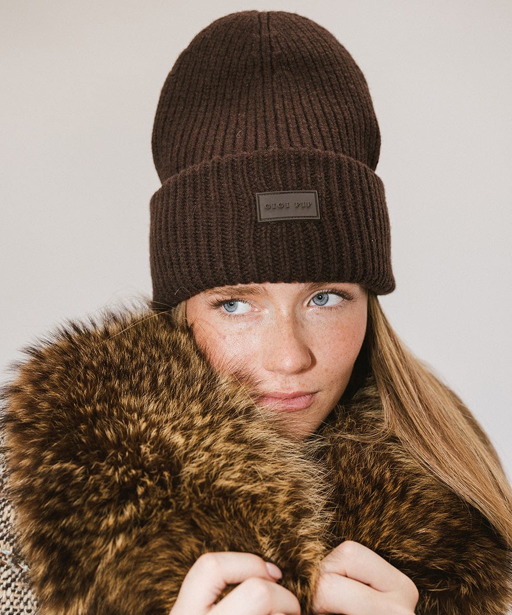 Gigi Pip beanies for women - Gigi Merino Wool Beanie - 100% merino wool double fold beanie featuring a Gigi Pip branded silicone patch on the front fold [dark brown]