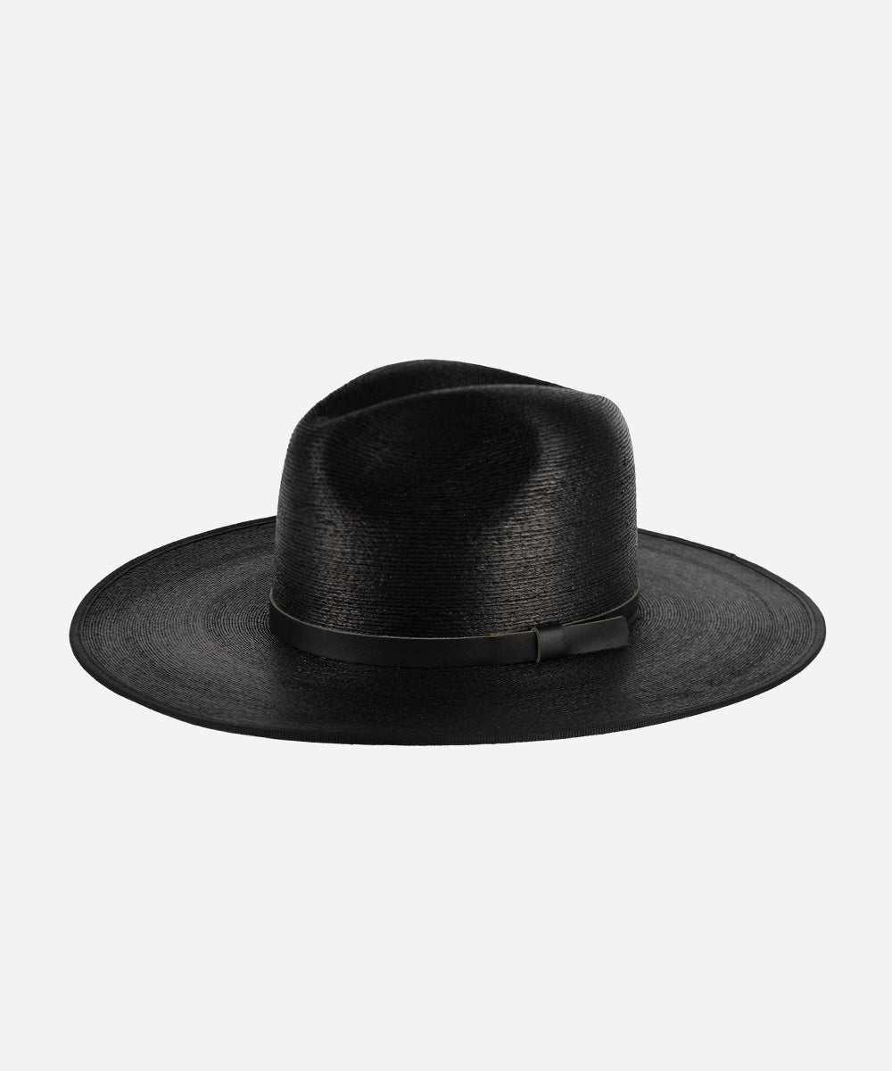 Gigi Pip limited edition hats for women - Blake wide brim fedora - 100% guatemalan palm flat brim straw fedora hat featuring a thin tonal leather band and gp pin on the back in a limited edition black color way [limited edition black]