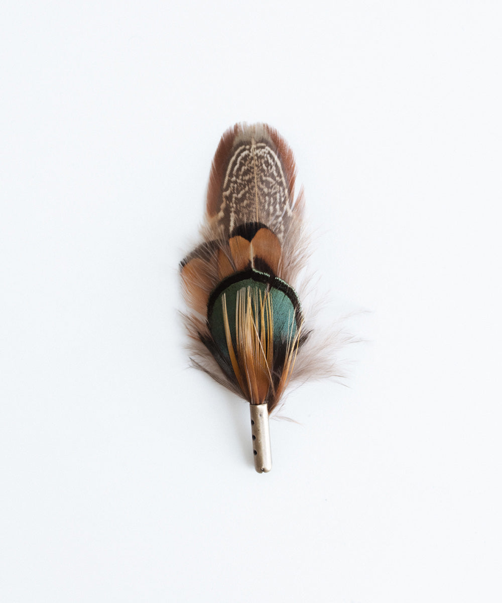 Gigi Pip hat bands + trims for women's hats - Green + Brown Feather - 8 cm multi-toned feather add-on with green, brown, camel + white notes that slides into any hat band and fits snug against your crown for extra personalization [brown]