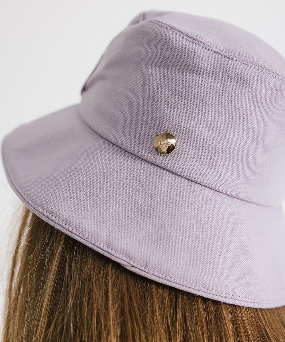 Gigi Pip bucket hats for women - Rylee Bucket Hat - 100% cotton bucket hat with a silk inner liner and an adjustable sweatband, featuring a gold Gigi Pip pin on the back of the crown [lavender]