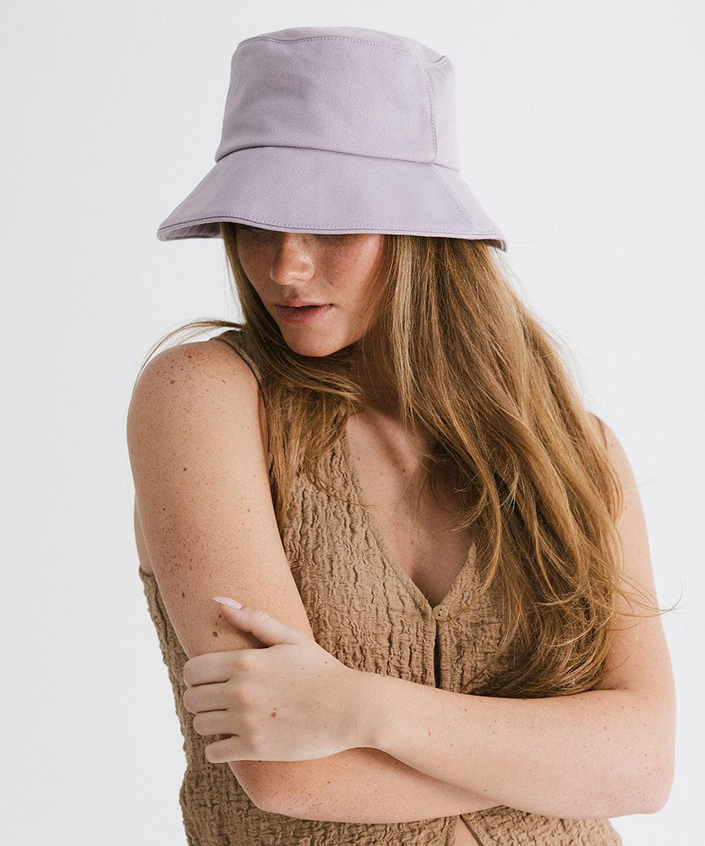 Gigi Pip bucket hats for women - Rylee Bucket Hat - 100% cotton bucket hat with a silk inner liner and an adjustable sweatband, featuring a gold Gigi Pip pin on the back of the crown [lavender]