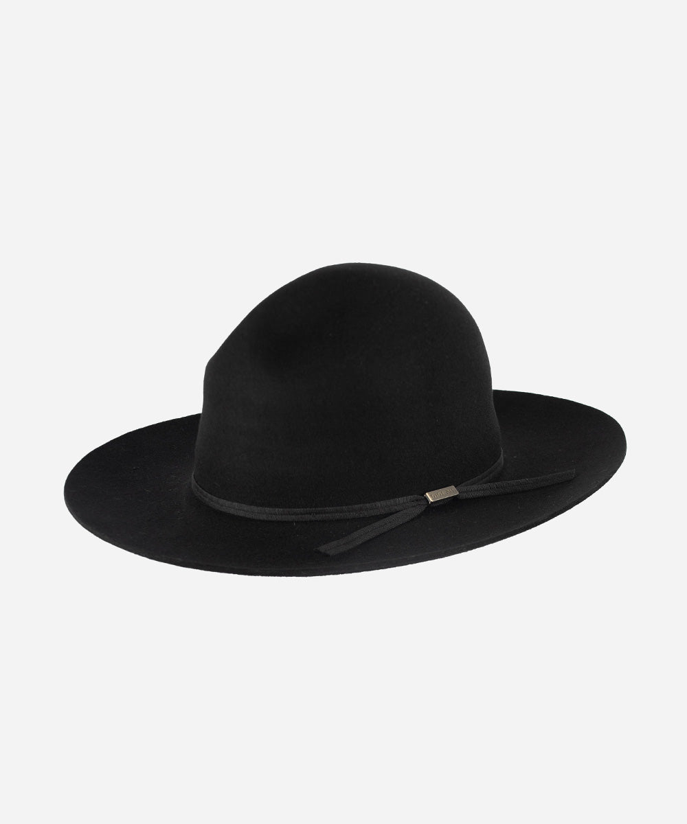 Gigi Pip felt hats for women - Camille Campaign Crown - 100% australian wool campaign crown with a medium stiff flat brim featuring a brushed brass Gigi Pip pass through bar pin [black]