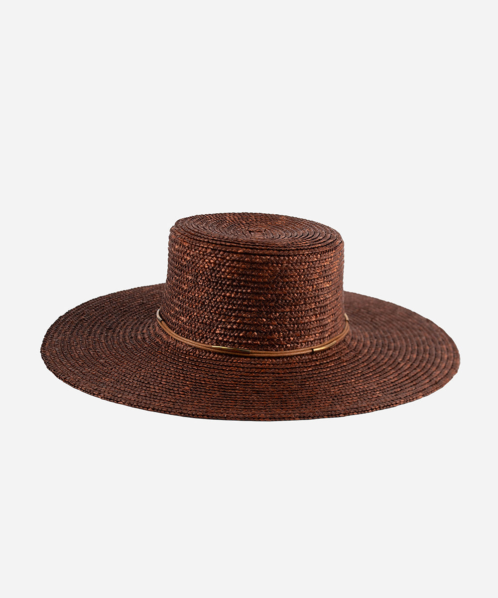 Gigi Pip straw hats for women - Capri Medium - boater crown with a medium flat brim featuring a metal and rope beaded band around the crown [brown]