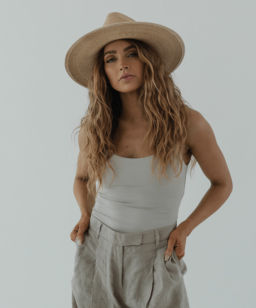 Gigi Pip straw hats for women - Cara Loren Straw Hat in natural toasted color, wide brim fedor with tightly woven Guatemalan palm [toasted]