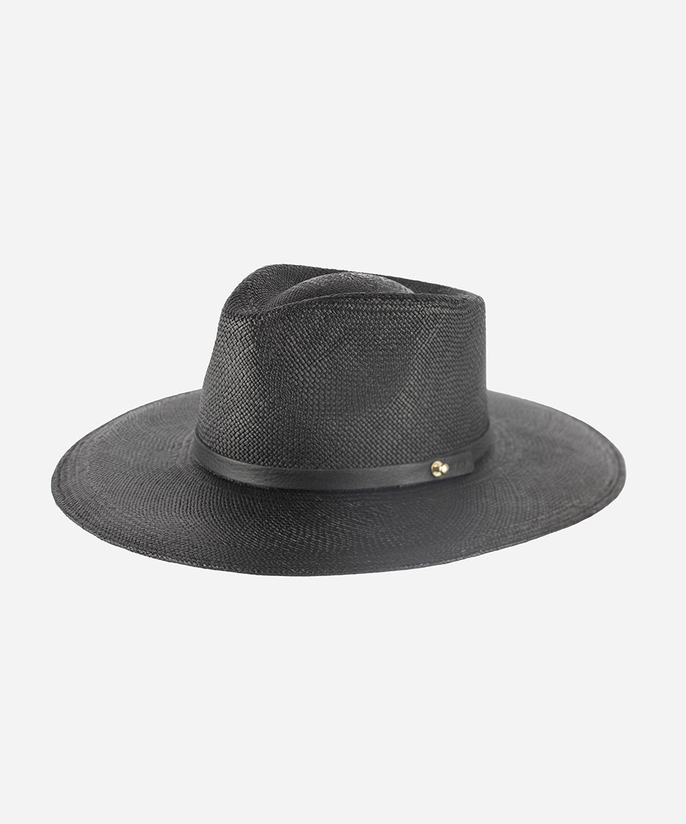 Gigi Pip panama straw for women - Carmen Teardrop Fedora - a flat brim teardrop fedora featuring a crosshatch woven pattern molded into the crown and brim [black]