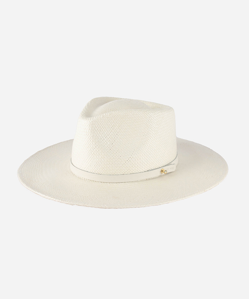 Gigi Pip panama straw for women - Carmen Teardrop Fedora - a flat brim teardrop fedora featuring a crosshatch woven pattern molded into the crown and brim [white]