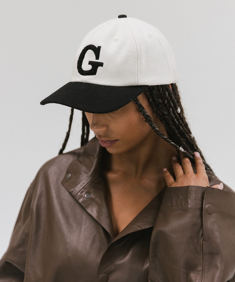 Gigi Pip ball caps for women - Carson Felt Ball Cap -  100% wool felt ball cap featuring a chenille patch G on the front + a semi-relaxed shape that's inspired by vintage dad caps [cream-black]