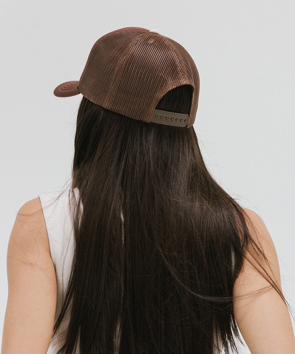 Gigi Pip trucker hats for women - Chill Foam Trucker Hat - 100% polyester foam + mesh trucker hat with a curved brim featuring the word "Chill" as a design across the front panel [chocolate brown]