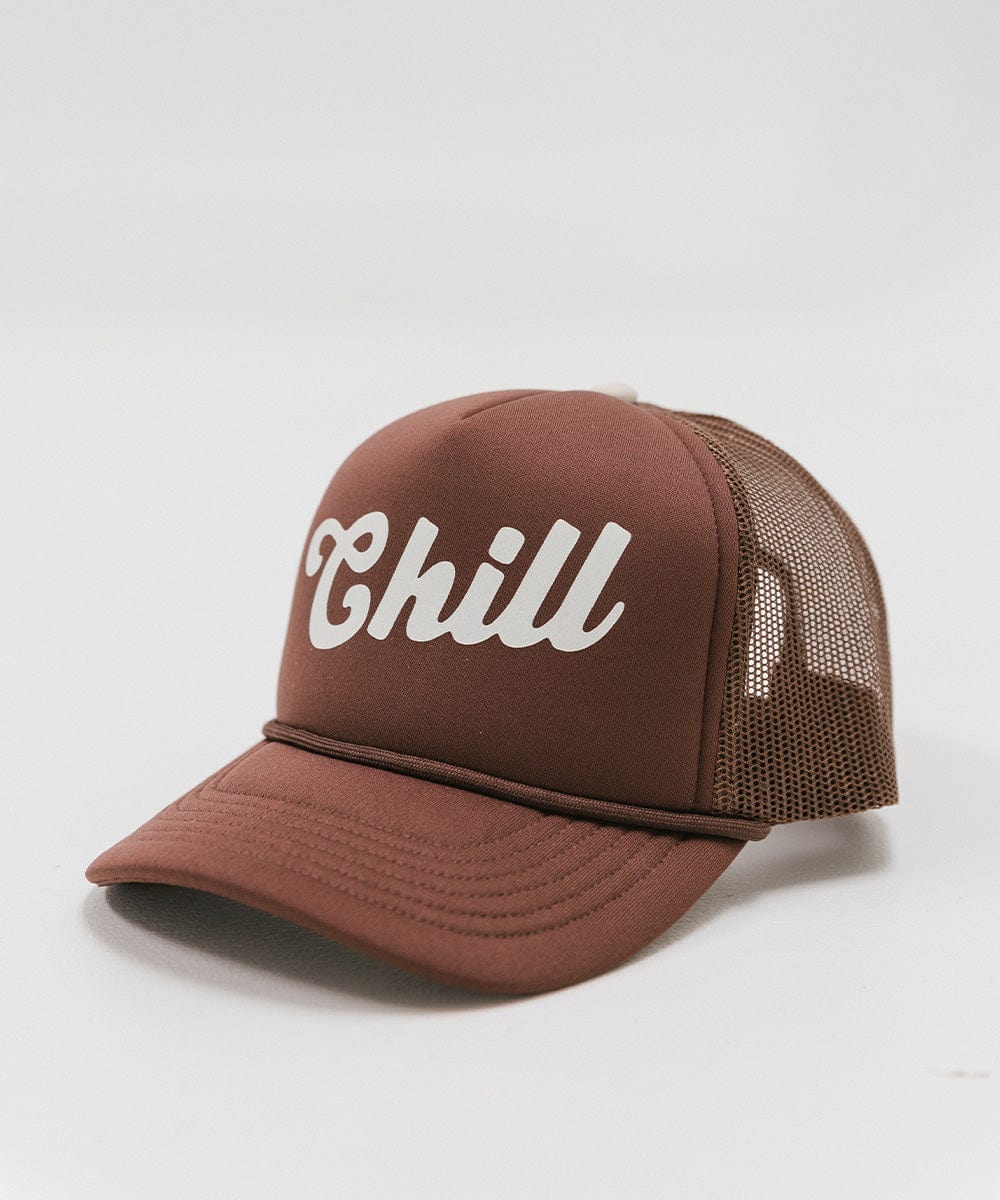 Gigi Pip trucker hats for women - Chill Foam Trucker Hat - 100% polyester foam + mesh trucker hat with a curved brim featuring the word "Chill" as a design across the front panel [chocolate brown]