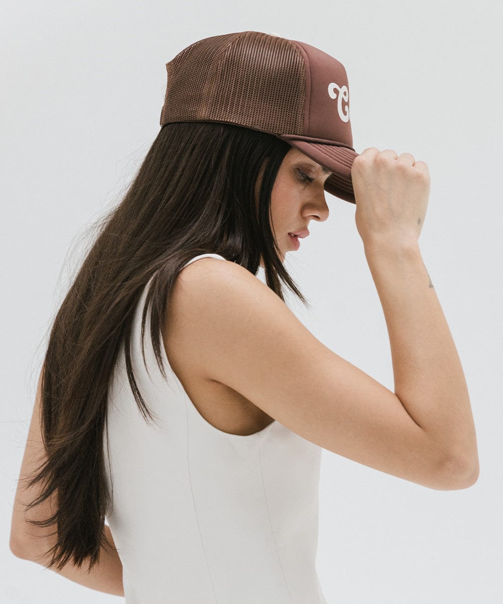 Gigi Pip trucker hats for women - Chill Foam Trucker Hat - 100% polyester foam + mesh trucker hat with a curved brim featuring the word "Chill" as a design across the front panel [chocolate brown]