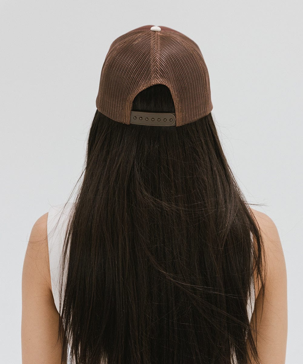 Gigi Pip trucker hats for women - Chill Foam Trucker Hat - 100% polyester foam + mesh trucker hat with a curved brim featuring the word "Chill" as a design across the front panel [chocolate brown]