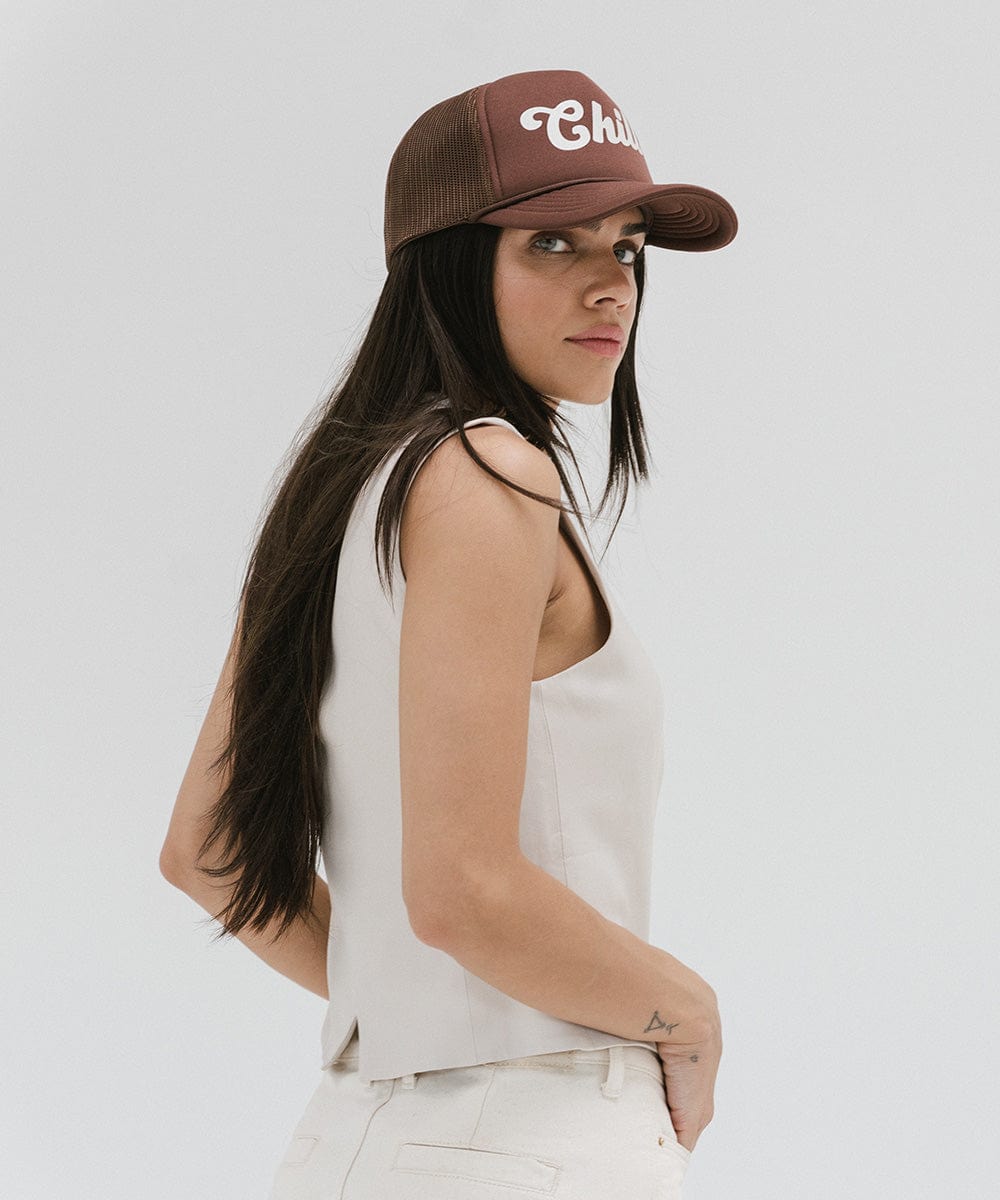 Gigi Pip trucker hats for women - Chill Foam Trucker Hat - 100% polyester foam + mesh trucker hat with a curved brim featuring the word "Chill" as a design across the front panel [chocolate brown]