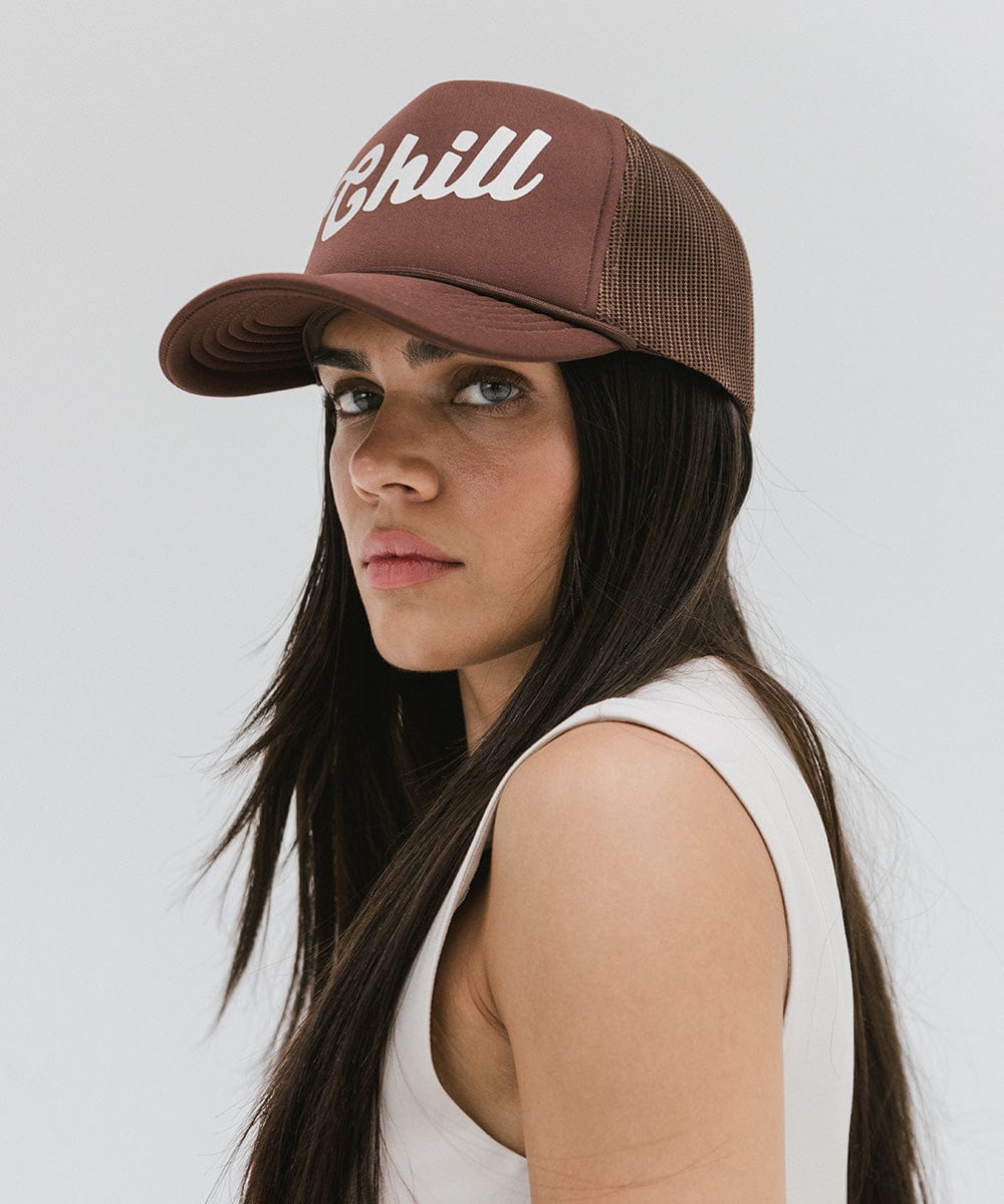 Gigi Pip trucker hats for women - Chill Foam Trucker Hat - 100% polyester foam + mesh trucker hat with a curved brim featuring the word "Chill" as a design across the front panel [chocolate brown]