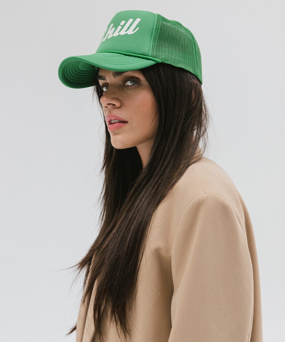 Gigi Pip trucker hats for women - Chill Foam Trucker Hat - 100% polyester foam + mesh trucker hat with a curved brim featuring the word "Chill" as a design across the front panel [vintage green]