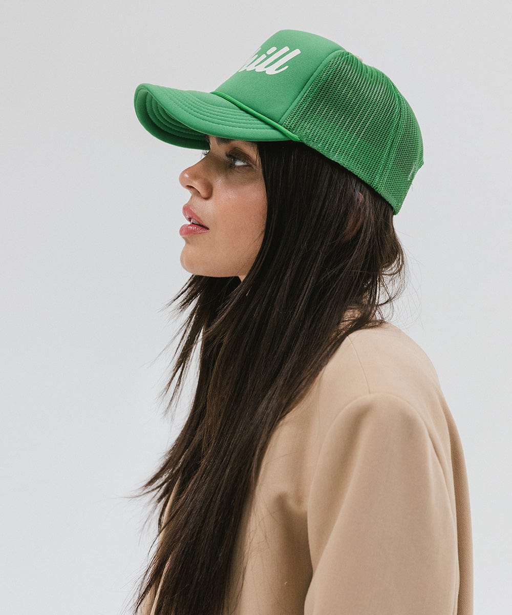 Gigi Pip trucker hats for women - Chill Foam Trucker Hat - 100% polyester foam + mesh trucker hat with a curved brim featuring the word "Chill" as a design across the front panel [vintage green]