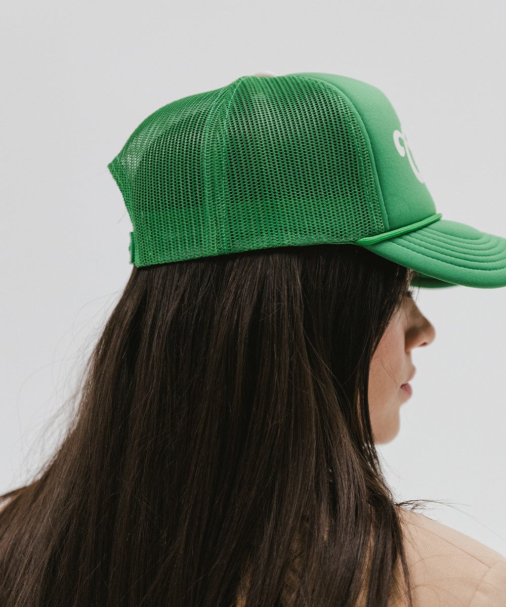 Gigi Pip trucker hats for women - Chill Foam Trucker Hat - 100% polyester foam + mesh trucker hat with a curved brim featuring the word "Chill" as a design across the front panel [vintage green]