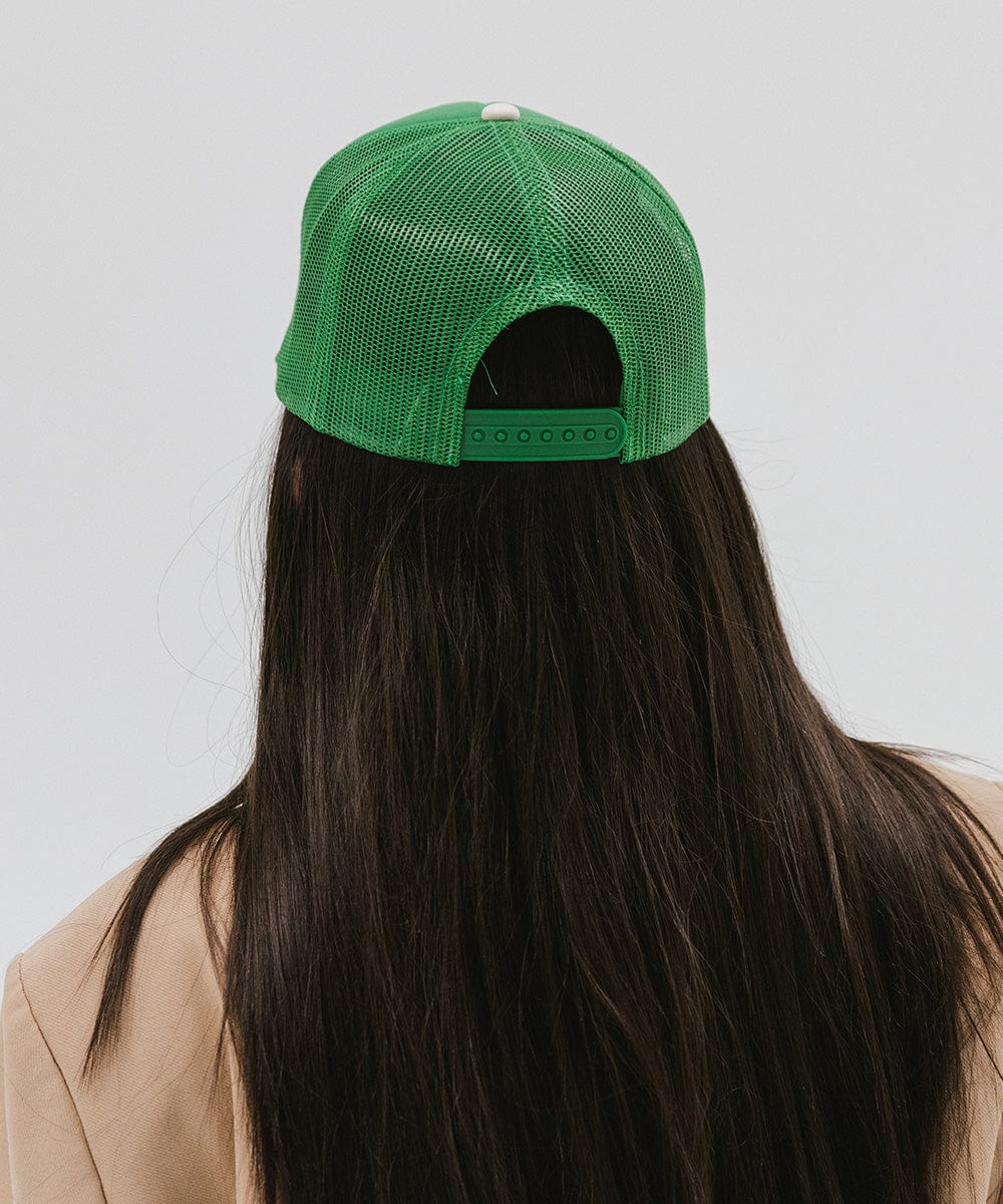 Gigi Pip trucker hats for women - Chill Foam Trucker Hat - 100% polyester foam + mesh trucker hat with a curved brim featuring the word "Chill" as a design across the front panel [vintage green]