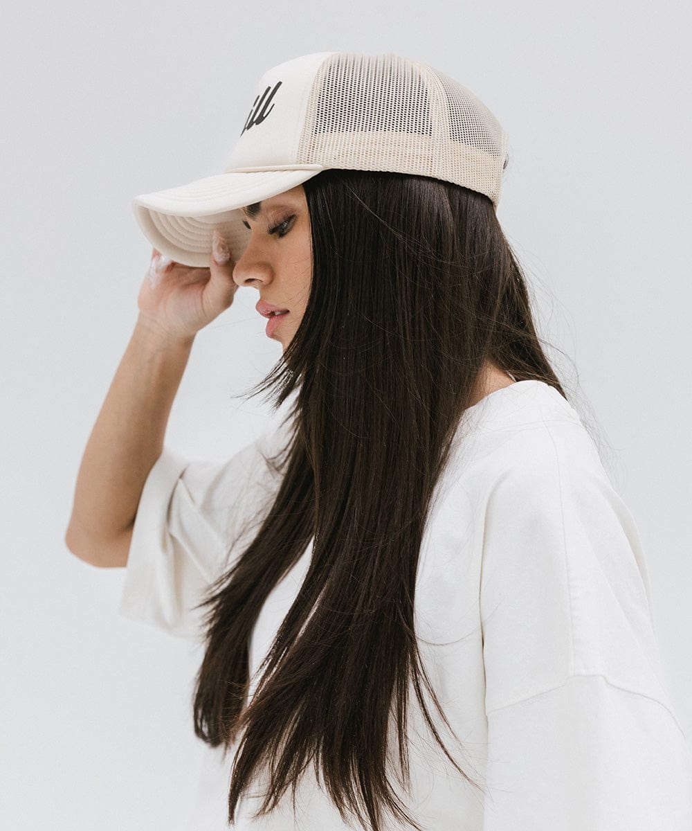 Gigi Pip trucker hats for women - Chill Foam Trucker Hat - 100% polyester foam + mesh trucker hat with a curved brim featuring the word "Chill" as a design across the front panel [cream]