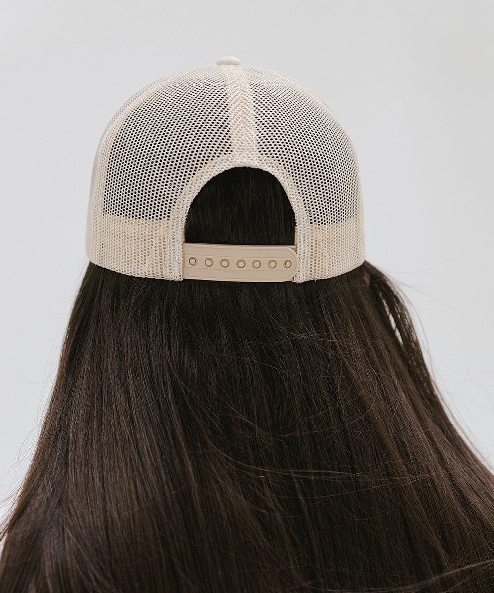 Gigi Pip trucker hats for women - Chill Foam Trucker Hat - 100% polyester foam + mesh trucker hat with a curved brim featuring the word "Chill" as a design across the front panel [cream]