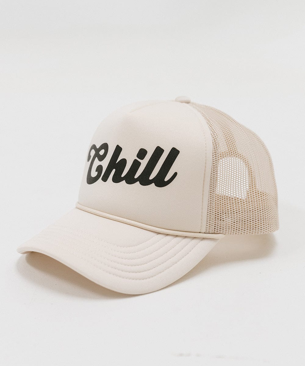 Gigi Pip trucker hats for women - Chill Foam Trucker Hat - 100% polyester foam + mesh trucker hat with a curved brim featuring the word "Chill" as a design across the front panel [cream]