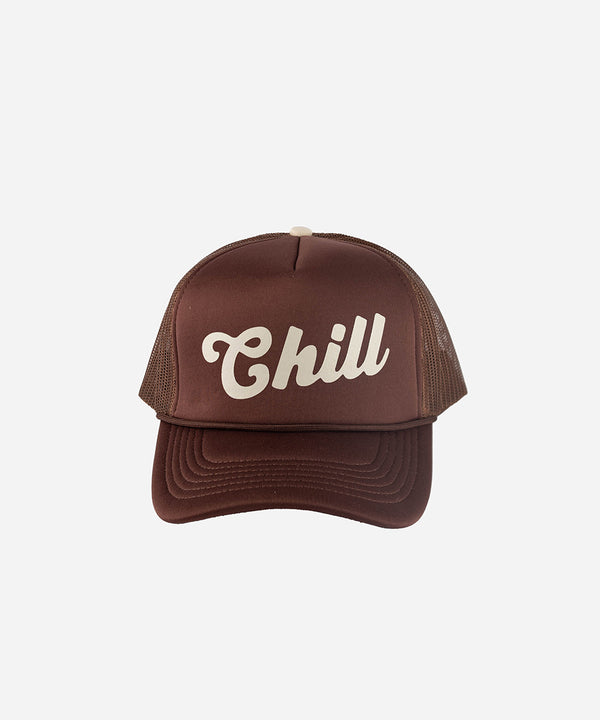 Gigi Pip trucker hats for women - Chill Foam Trucker Hat - 100% polyester foam + mesh trucker hat with a curved brim featuring the word "Chill" as a design across the front panel [chocolate brown]