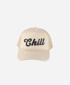 Gigi Pip trucker hats for women - Chill Foam Trucker Hat - 100% polyester foam + mesh trucker hat with a curved brim featuring the word "Chill" as a design across the front panel [cream]