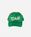 Gigi Pip trucker hats for women - Chill Foam Trucker Hat - 100% polyester foam + mesh trucker hat with a curved brim featuring the word "Chill" as a design across the front panel [vintage green]