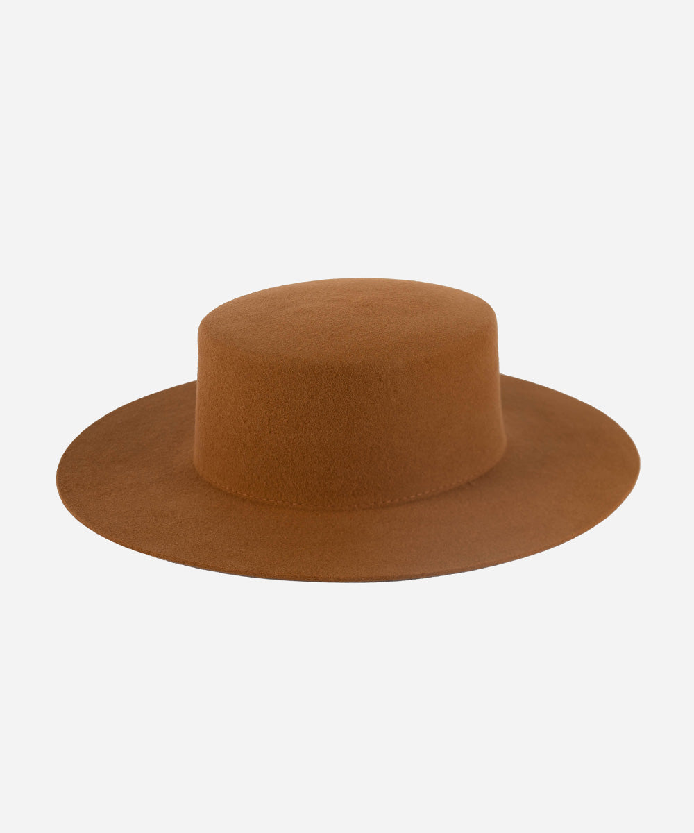 Gigi Pip felt hats for women - Dahlia Boater - boater-style crown with a stiff, wide flat brim [brown]