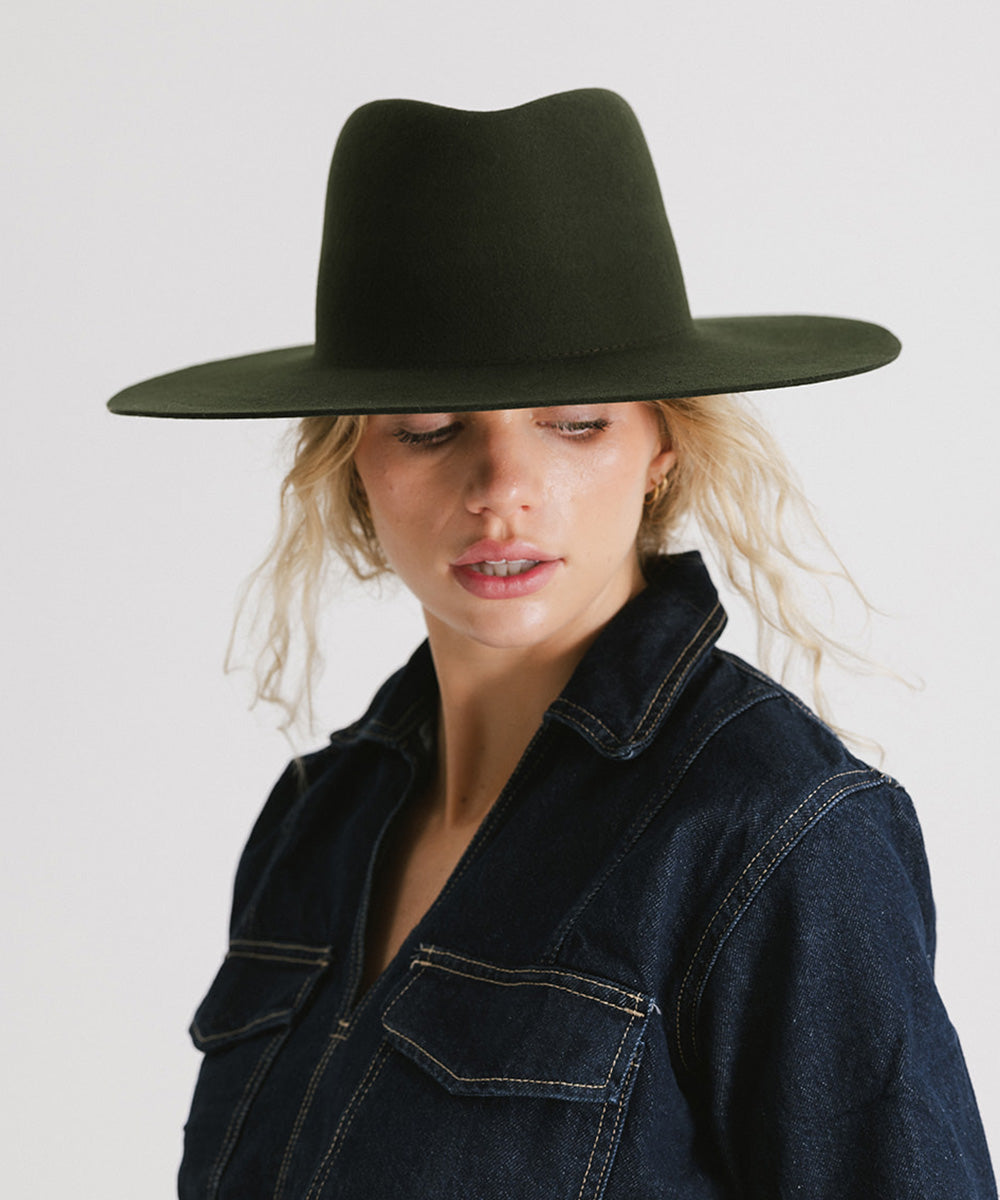 Gigi Pip felt hats for women - Dakota Triangle Crown - stiff, flat wide brim with a triangle crown [dark green]