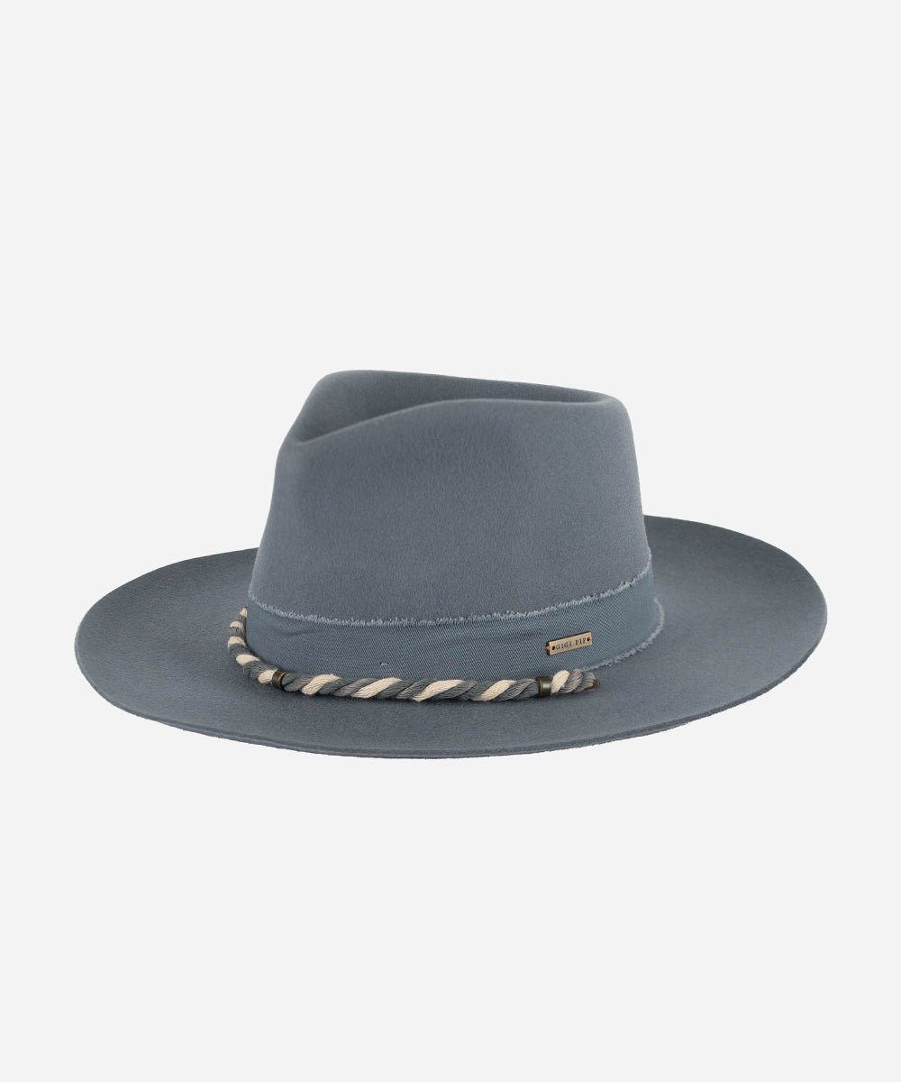 Gigi Pip felt limited edition hats for women - LE 16  - Denim Daydreams denim blue zephyr fedora featuring a distressed rope detail wrapped around the crown in an exclusive, limited edition design [denim]